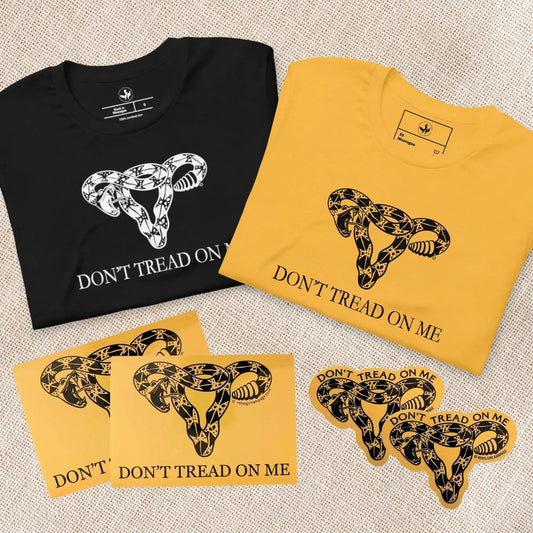 Don’t Tread On Me Uterus Sister T-Shirt and Sticker Gift Bundle, Rebel Girl Rampage