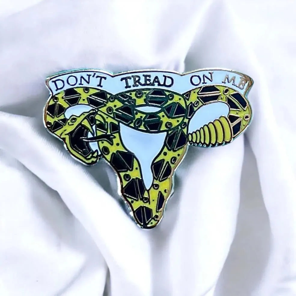 Don’t Tread On Me Uterus Enamel Pin, feminist art, gadsden uterus, pro choice abortion rights, anne lesniak, Rebel Girl Rampage