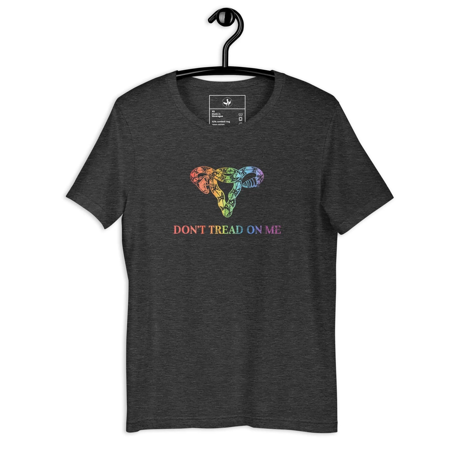 Dark grey unisex t shirt with a rainbow graphic of a rattlesnake uterus and the words "Don't Tread On Me" feminism, girl power, empowering, reproductive rights, Rebel Girl Rampage