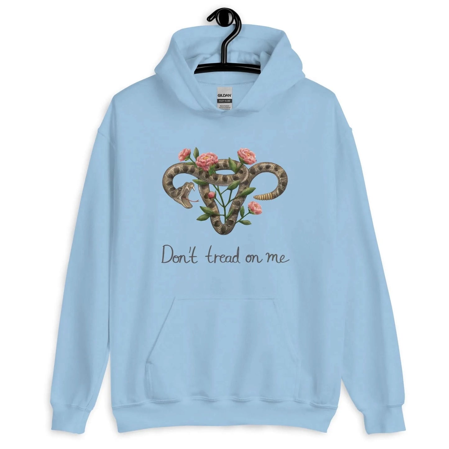 Don’t Tread On Me Uterus with Flowers unisex feminist pro choice women’s rights hoodie, Rattlesnakes and Roses, Light blue abortion rights sweatshirt Rebel Girl Rampage 