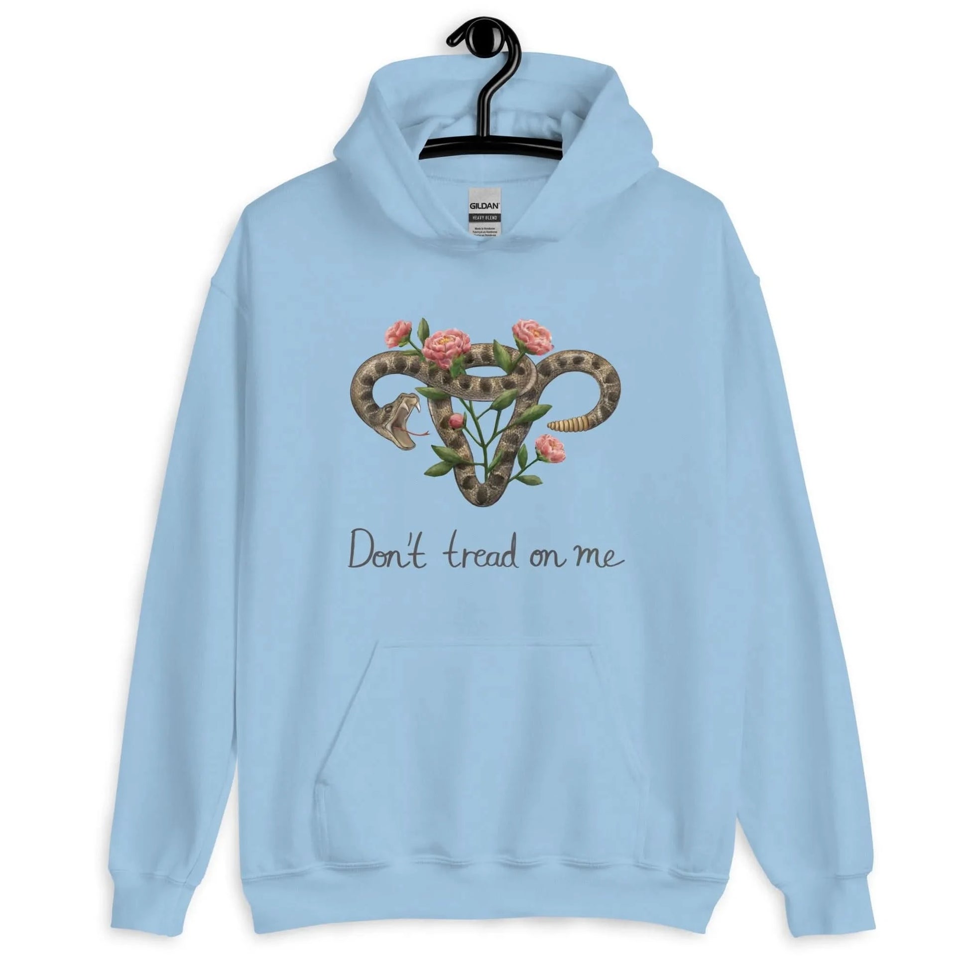Don’t Tread On Me Uterus with Flowers unisex feminist pro choice women’s rights hoodie, Rattlesnakes and Roses, Light blue abortion rights sweatshirt Rebel Girl Rampage 