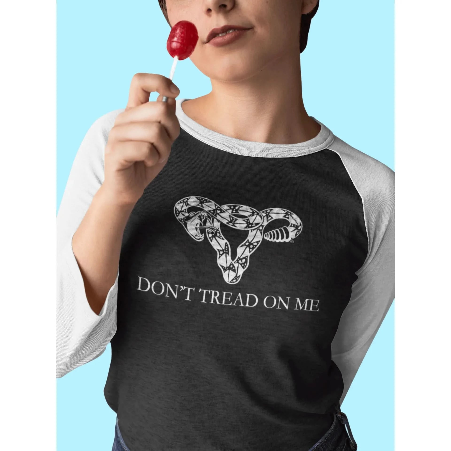 Don’t Tread on me Uterus Baseball Raglan, Feminist Clothing, Pro Choice Tee, Gadsden Uterus Shirt, Anne Lesniak, Rebel Girl Rampage 