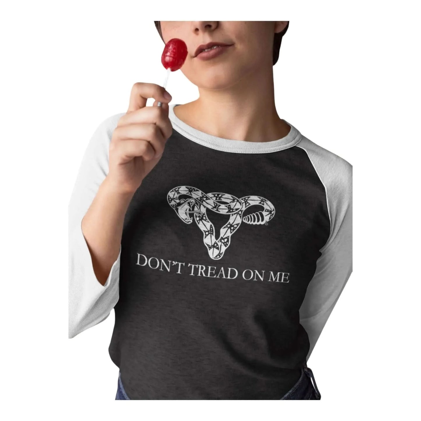 Don’t Tread on me Uterus Baseball Raglan, Feminist Clothing, Pro Choice Tee, Anne Lesniak, Rebel Girl Rampage 