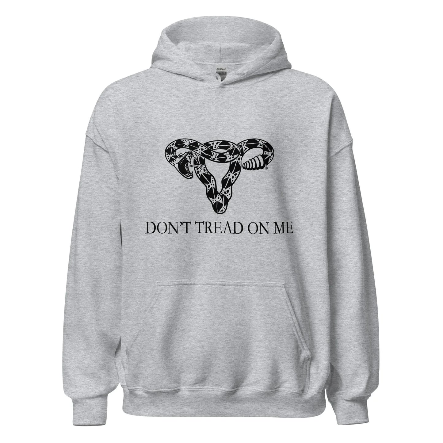 Don’t Tread On Me Uterus Unisex Hoodie, Pro choice feminist hooded sweatshirt by Anne Lesniak in grey, Abortion rights, Rebel Girl Rampage