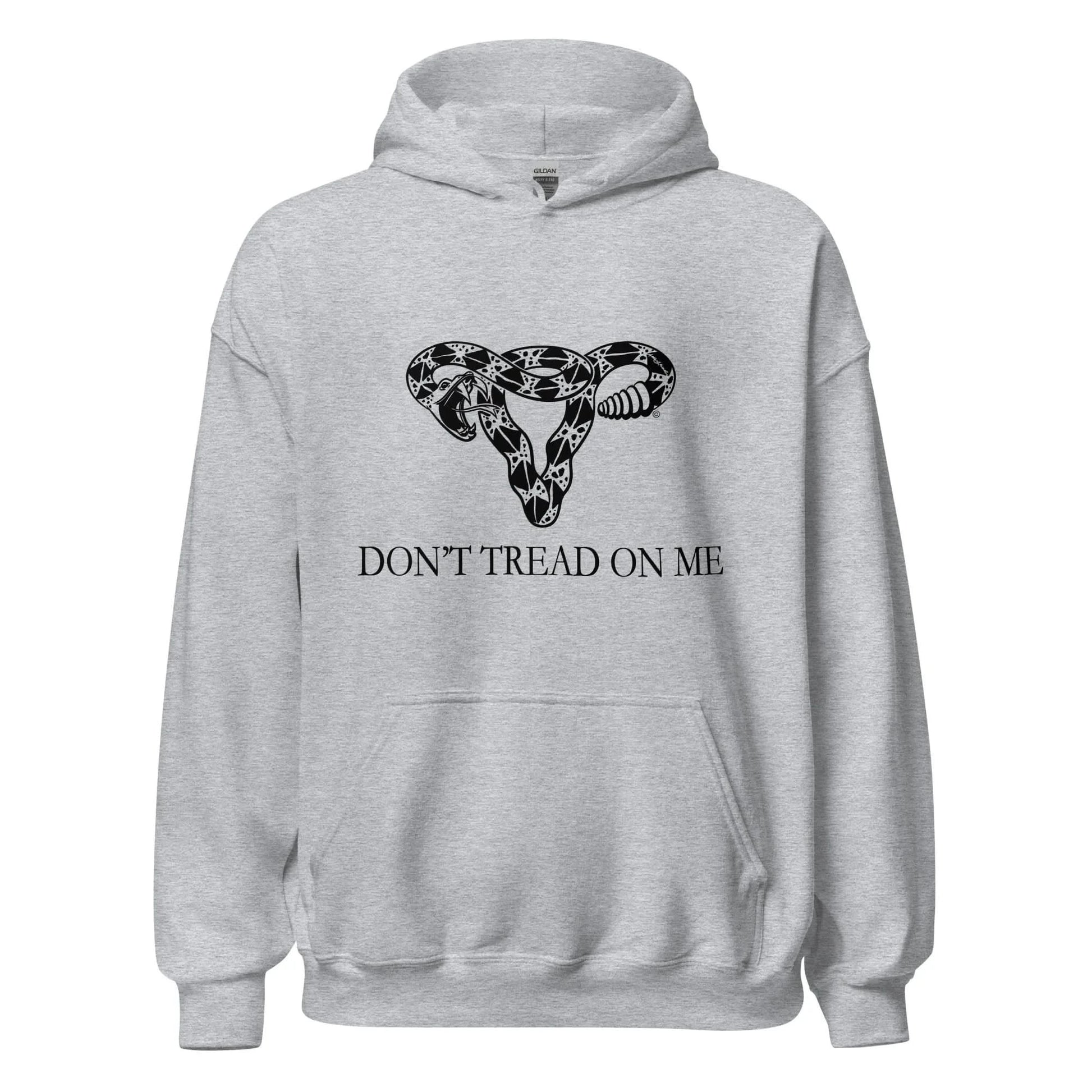 Don’t Tread On Me Uterus Unisex Hoodie, Pro choice feminist hooded sweatshirt by Anne Lesniak in grey, Abortion rights, Rebel Girl Rampage