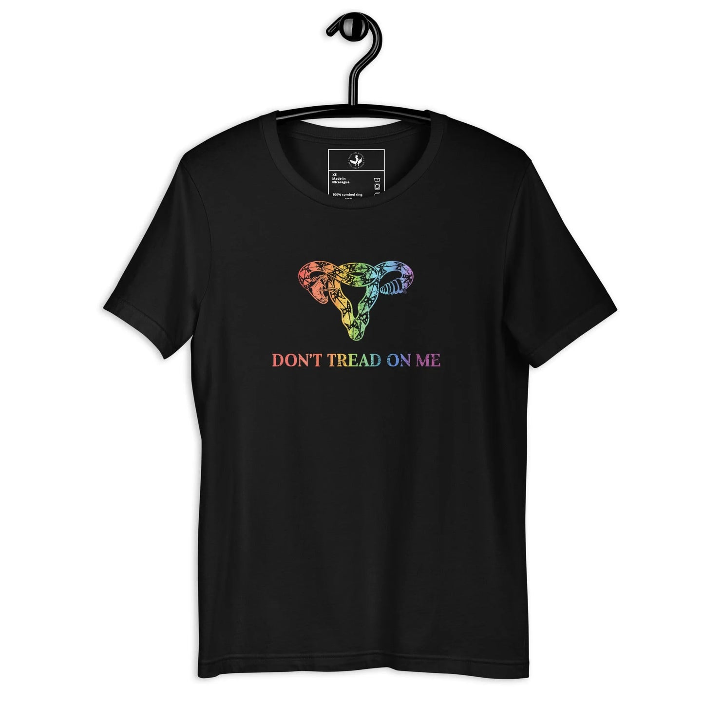 Black unisex t shirt with a rainbow graphic of a rattlesnake uterus and the words "Don't Tread On Me" feminism, girl power, empowering, reproductive rights, Rebel Girl Rampage