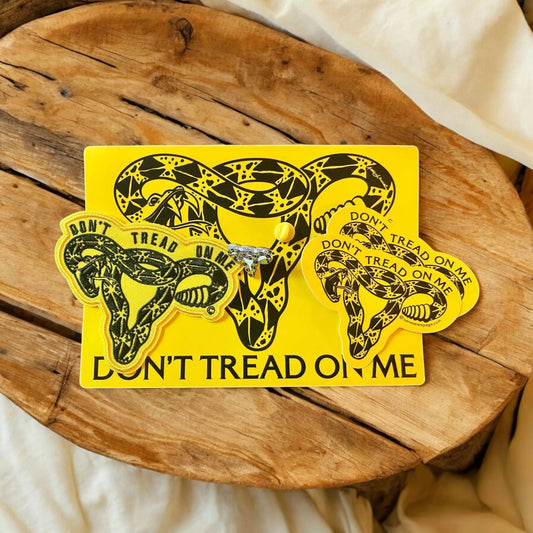 Don’t Tread On Me Enamel Pin, Patch & Bumpersticker Gift Pack, Rebel Girl Rampage, Feminist bundle, Anne Lesniak, Pro Choice, women’s abortion rights