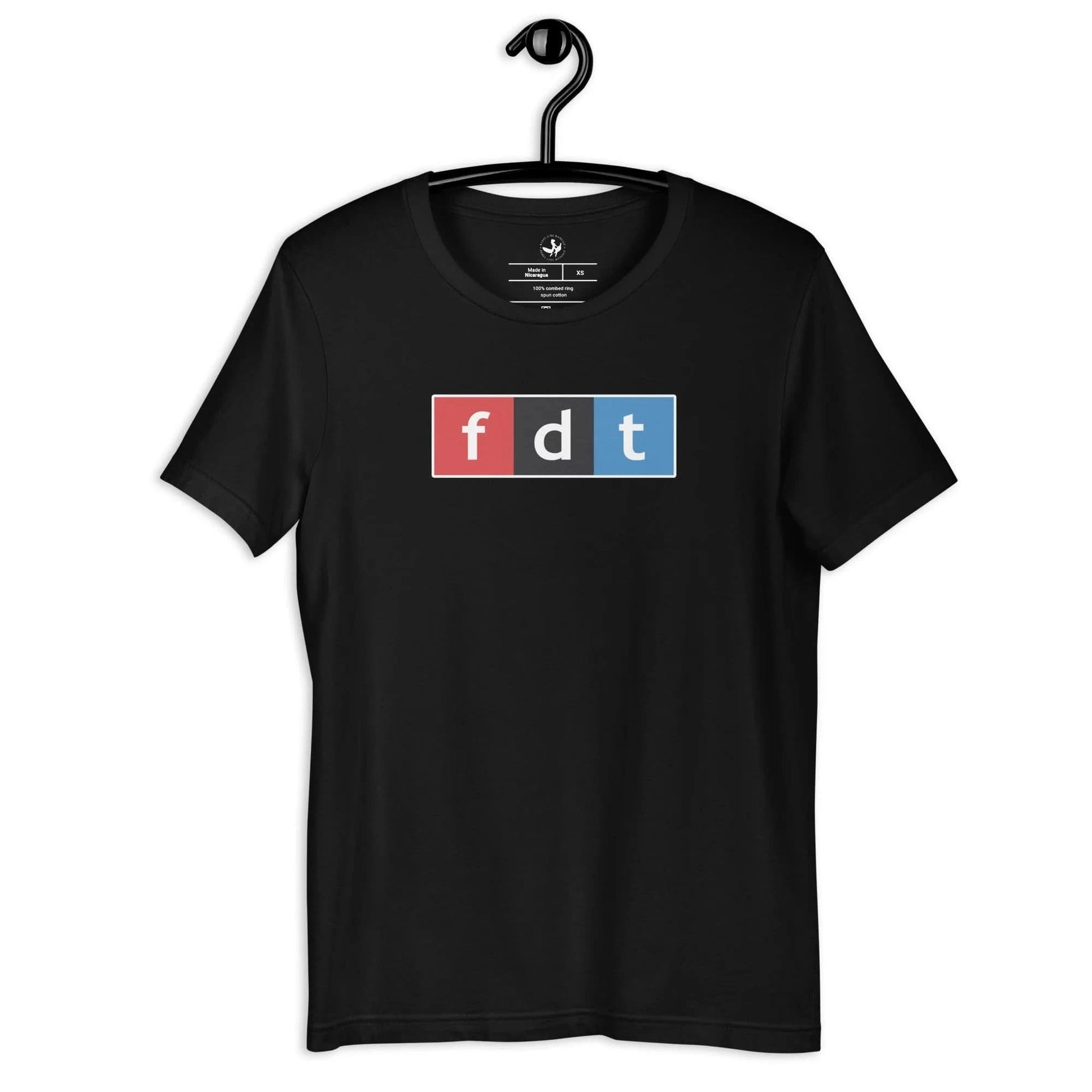 Black unisex t-shirt with 'fdt’  NPR logo parody on a hanger against a white background at Rebel Girl Rampage 