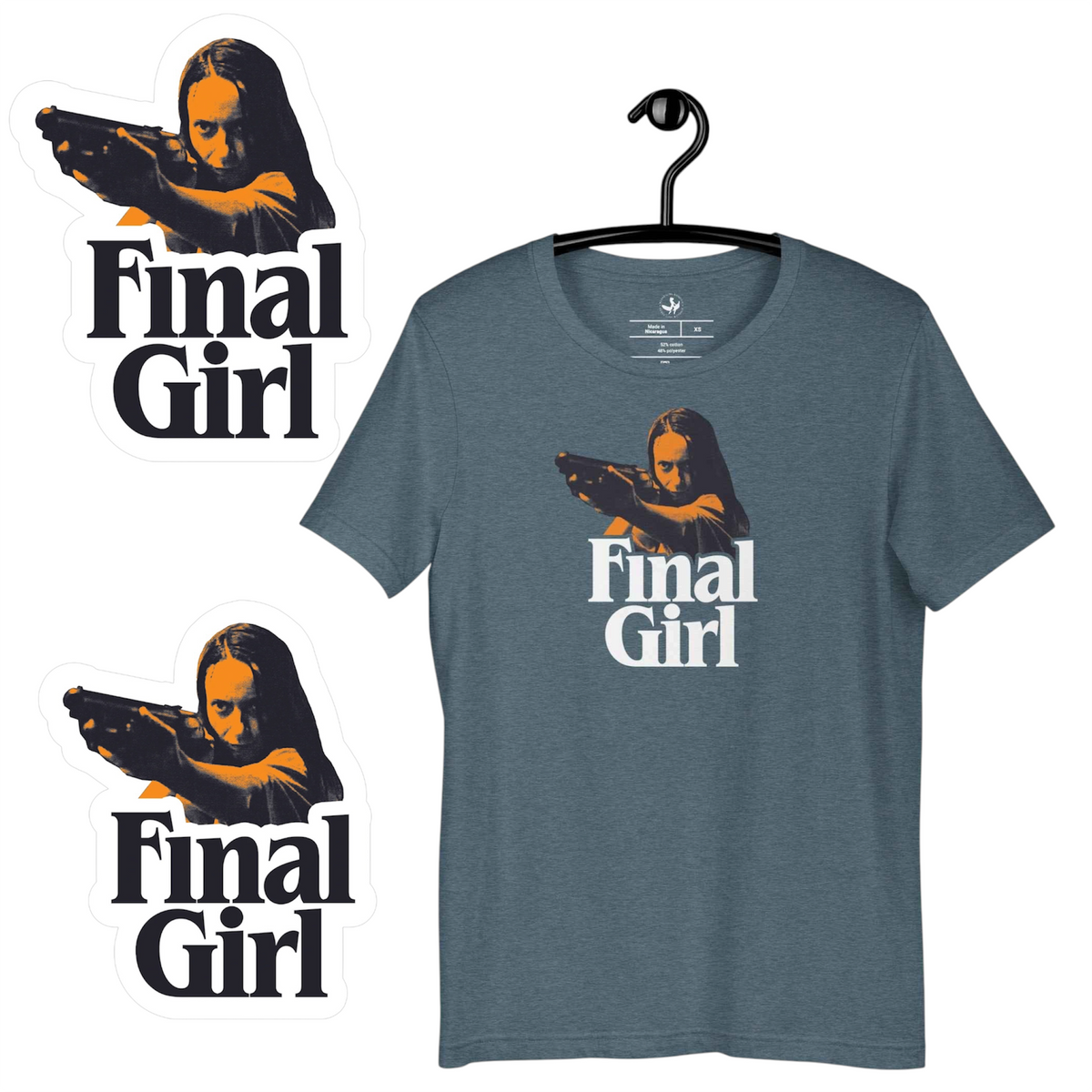 Widow’s Bay Patricial Final Girl Die Cut sticker and try-blend teal t-shirt holiday gift bundle at Rebel Girl Rampage