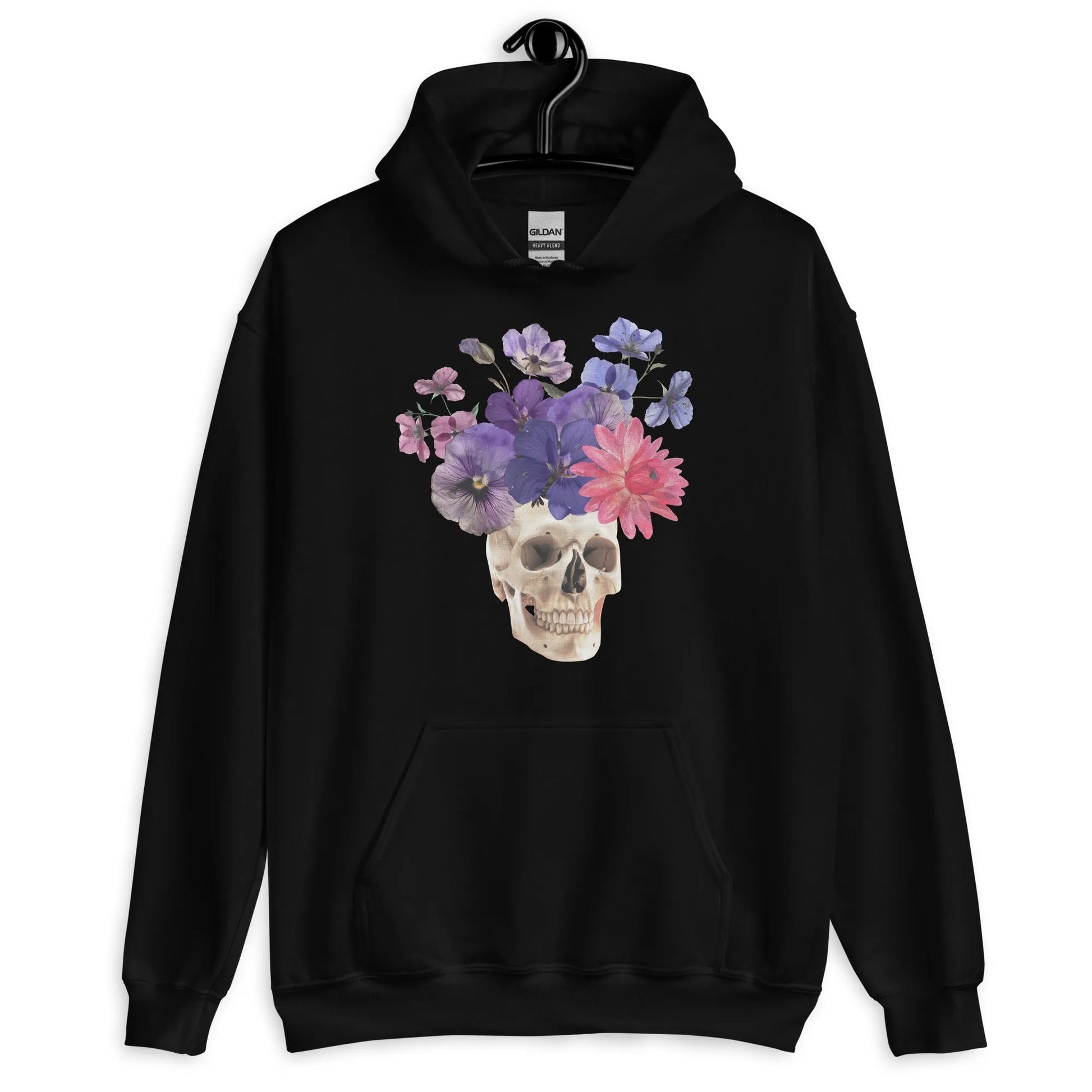 Skull graphic with beautiful pink and purple flowers on a black hoodie, macabre, beautiful, nature, witchy, floral, spooky season, Rebel Girl Rampage