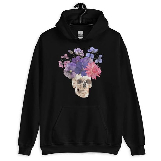 Skull graphic with beautiful pink and purple flowers on a black hoodie, macabre, beautiful, nature, witchy, floral, spooky season, Rebel Girl Rampage