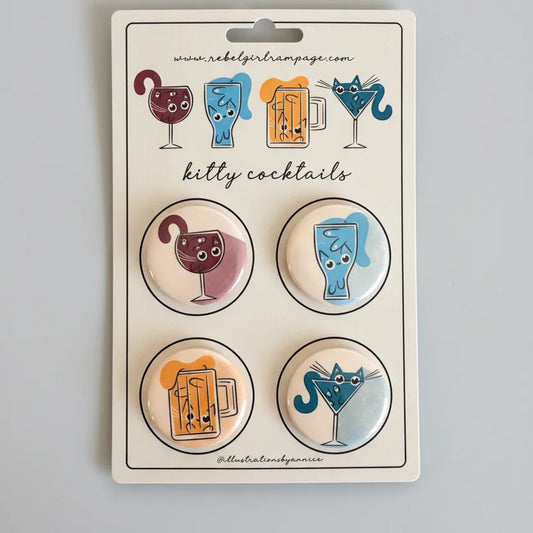 Kitty Cocktails Pinback Button Set of four cat illustrations in cocktail glasses from Rebel Girl Rampage