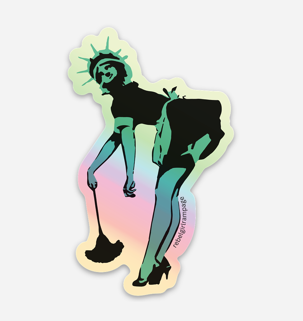 holographic sticker of the statue of liberty wearing a french maid costume bent over, dusting.