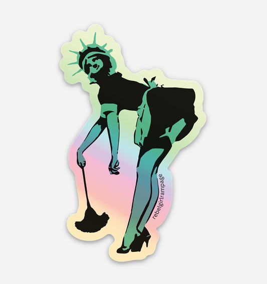 holographic sticker of the statue of liberty wearing a french maid costume bent over, dusting.