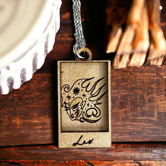 Leo Zodiac Astrology Wood Shadow Box Engraved Pendant Fire Sign Necklace Jewelry Charm Magic witch