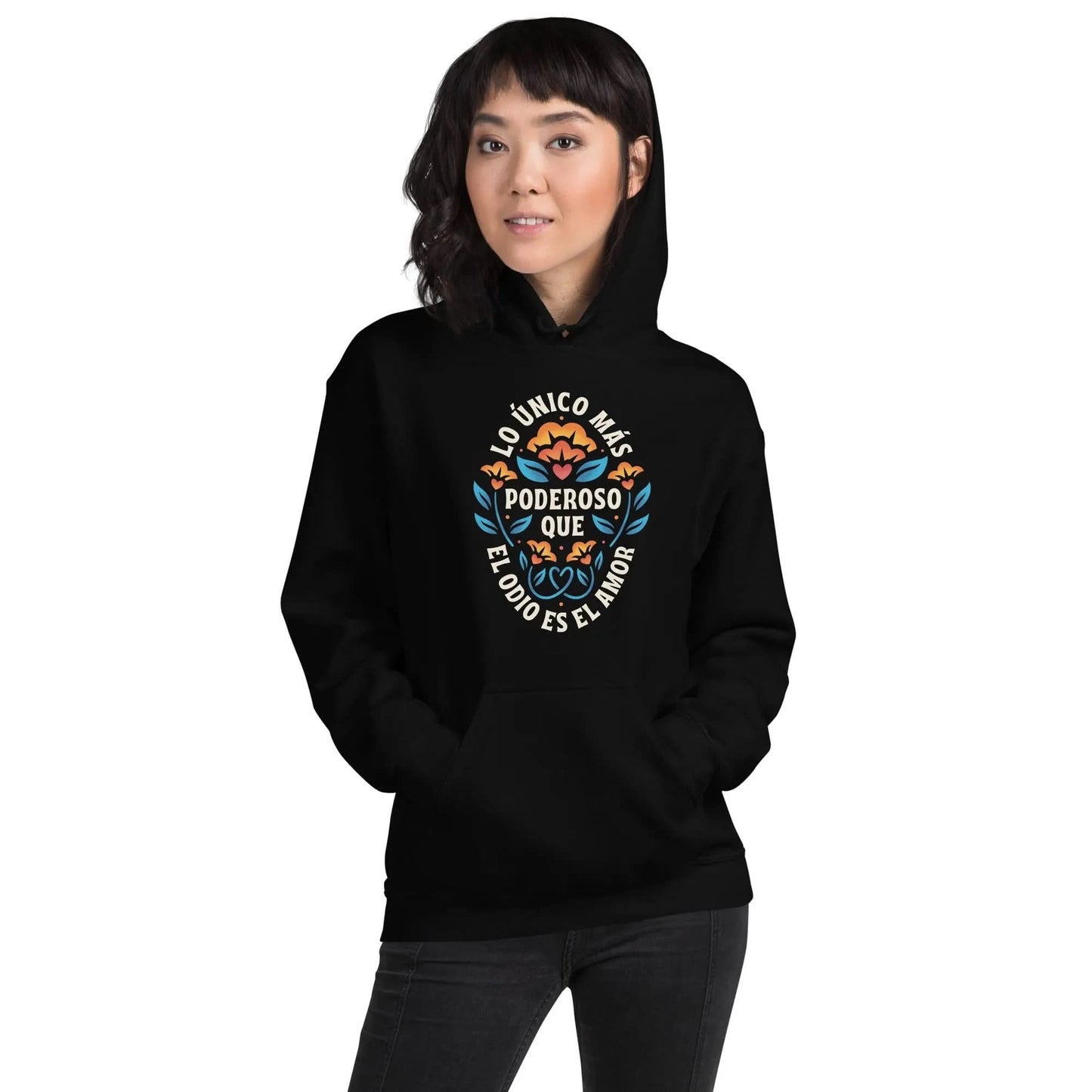 Black unisex hoodie with a pretty flower graphic that says "Lo Unico has ponderosa que el odio es el amor." Love is more powerful than hate Bad Bunny Quote Super Bowl 2026, rebellion, love, Rebel Girl Rampage.