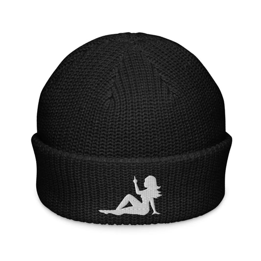 Mud Flap Girl Middle Finger embroidered wide knit fisherman beanie in black. Feminist art, women’s empowerment graphic design, warm winter hat, toque, Rebel Girl Rampage 