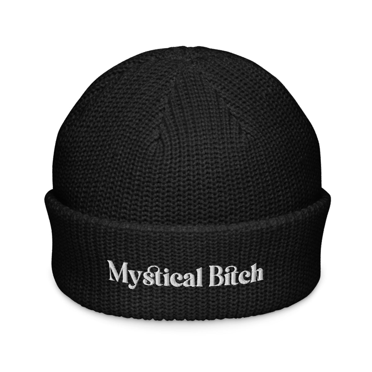 A black fisherman Beanie embroidered with the words Mystical Bitch by Rebel Girl Rampage 