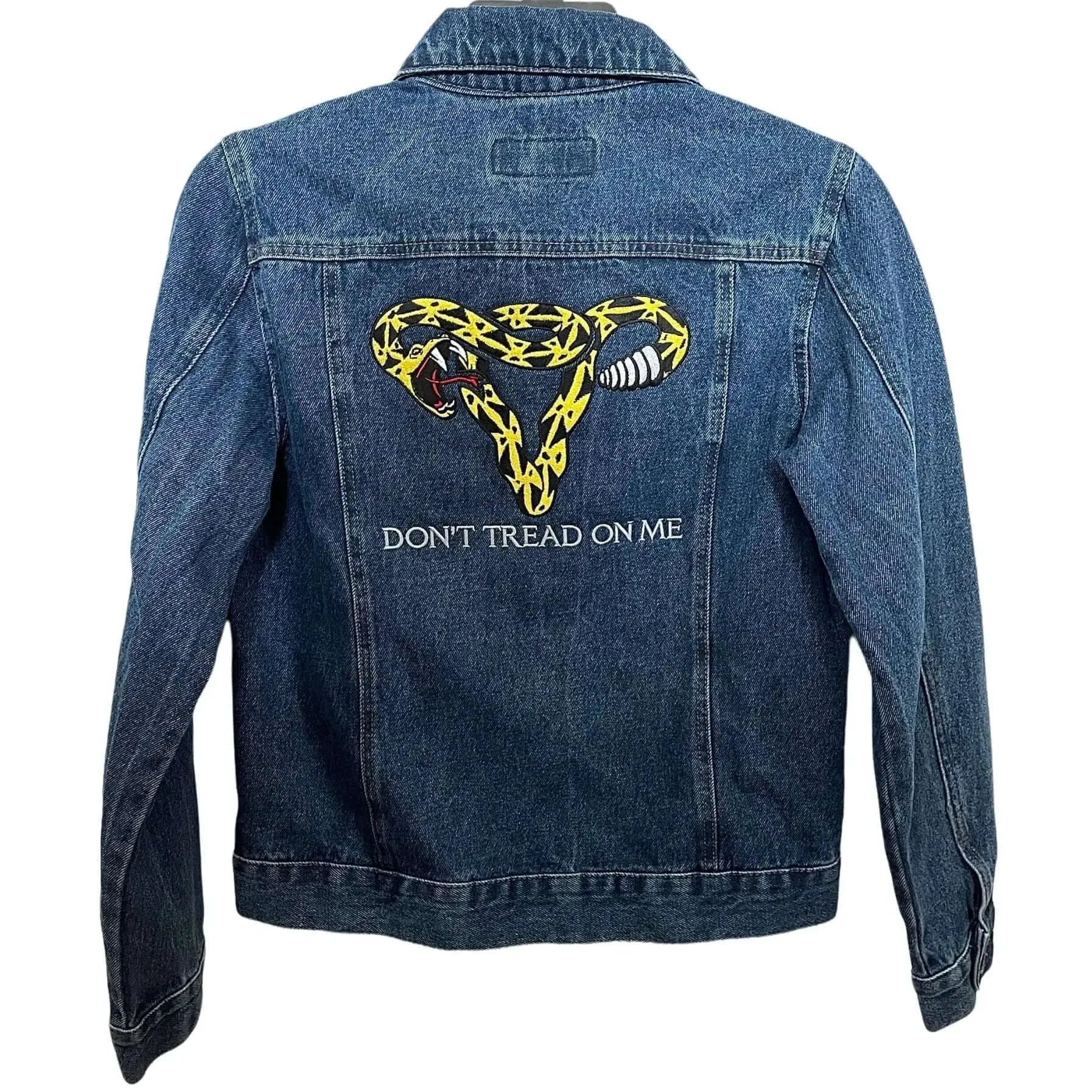 Don’t Tread On Me rattlesnake pro choice uterus embroidered women’s denim jean jacket. independent female artist supporting planned parenthood, women’s rights, abortion is healthcare , pro choice roe vs wade my body my choice healthcare gender equality te