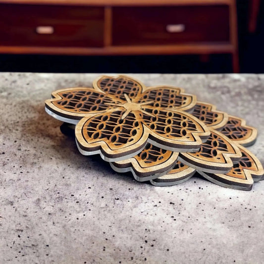 Sakura Cherry Blossom Handcrafted Wood and Acrylic Coaster Set Home Accent Indoor Outdoor Decor