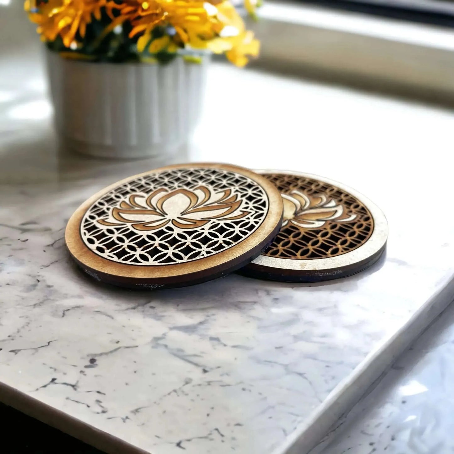 Lotus Flower Hand Crafted Wood Coasters, Inspiring spiritual art, bar wear, Rebel Girl Rampage 