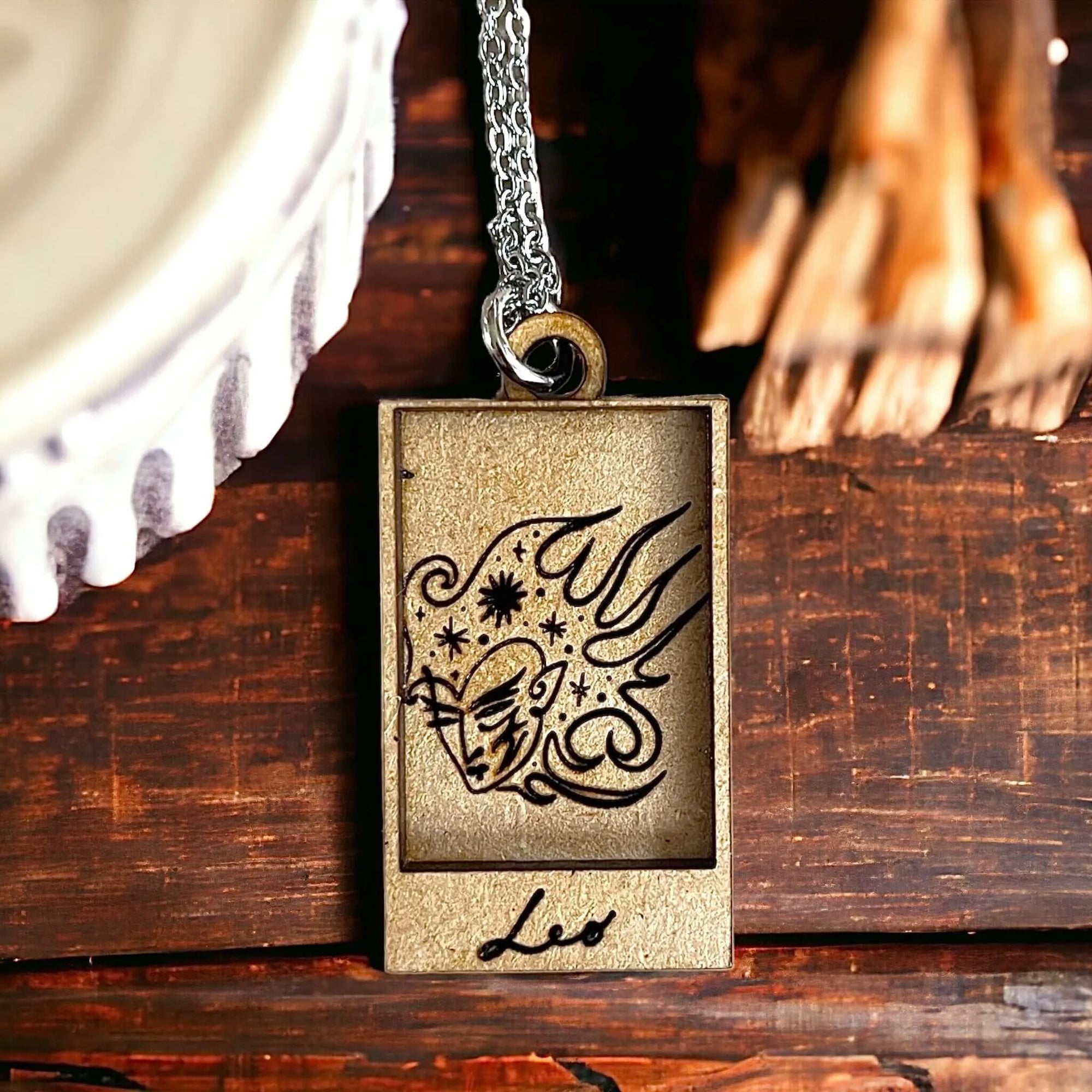 Leo Zodiac Astrology Wood Shadow Box Engraved Pendant Fire Sign Necklace Jewelry Charm Magic witch