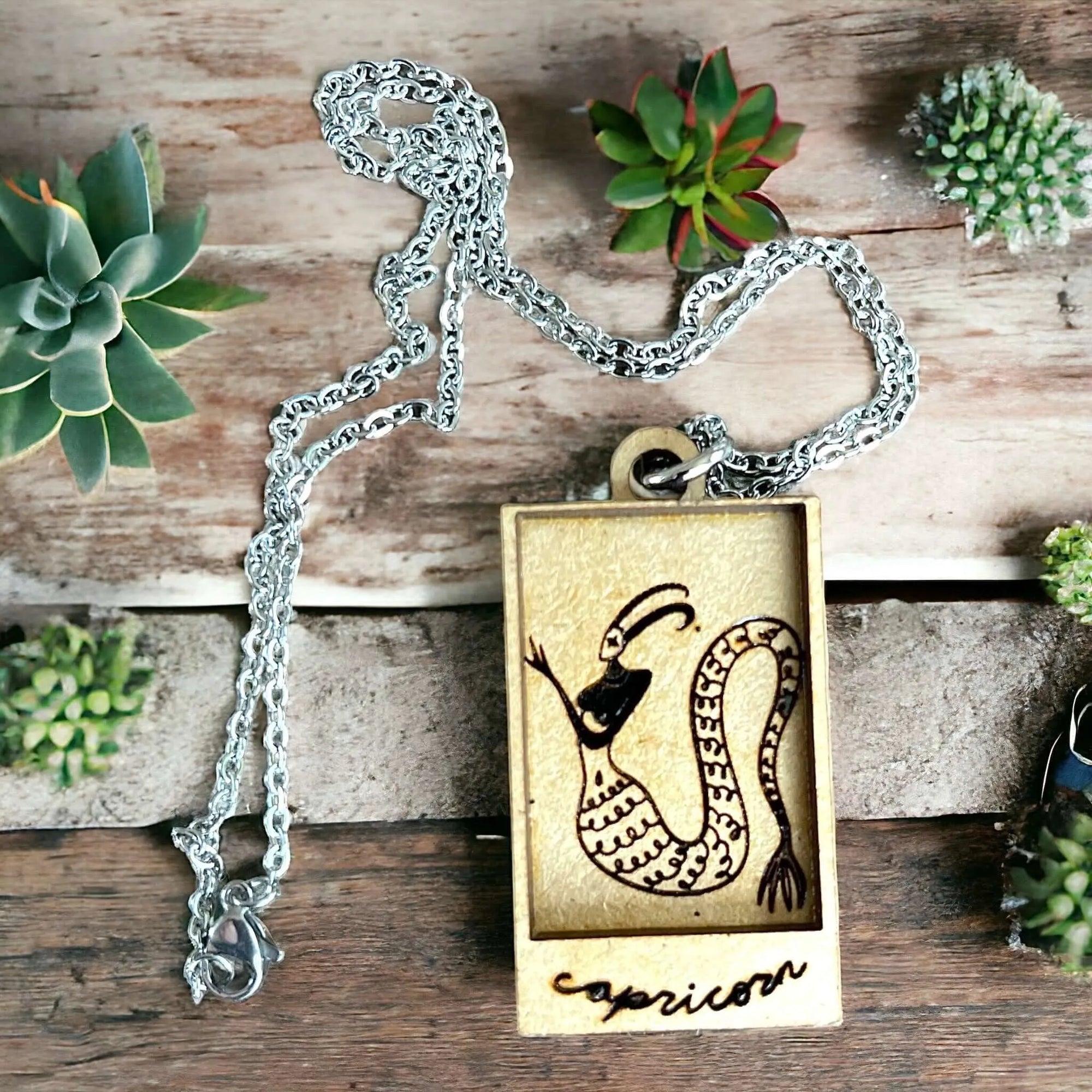 Capricorn Earth Sign Zodiac Astrology Engraved Wood Witchy Magic Pedant Necklace Jewelry 