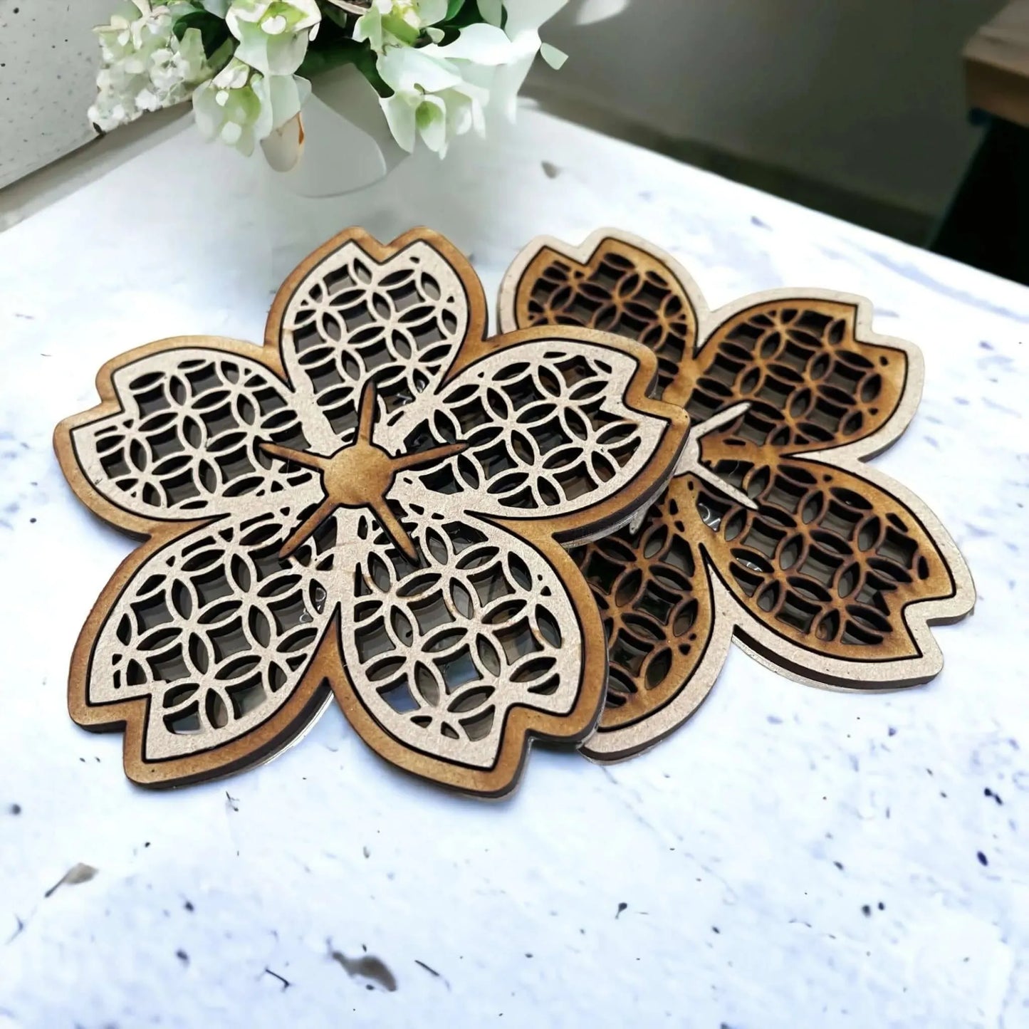 Sakura Cherry Blossom Handcrafted Wood and Acrylic Coaster Set Home Accent Indoor Outdoor Decor