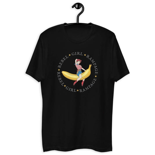 Rebel Girl Rampage logo vintage pinup cowgirl riding a banana black unisex t-shrt