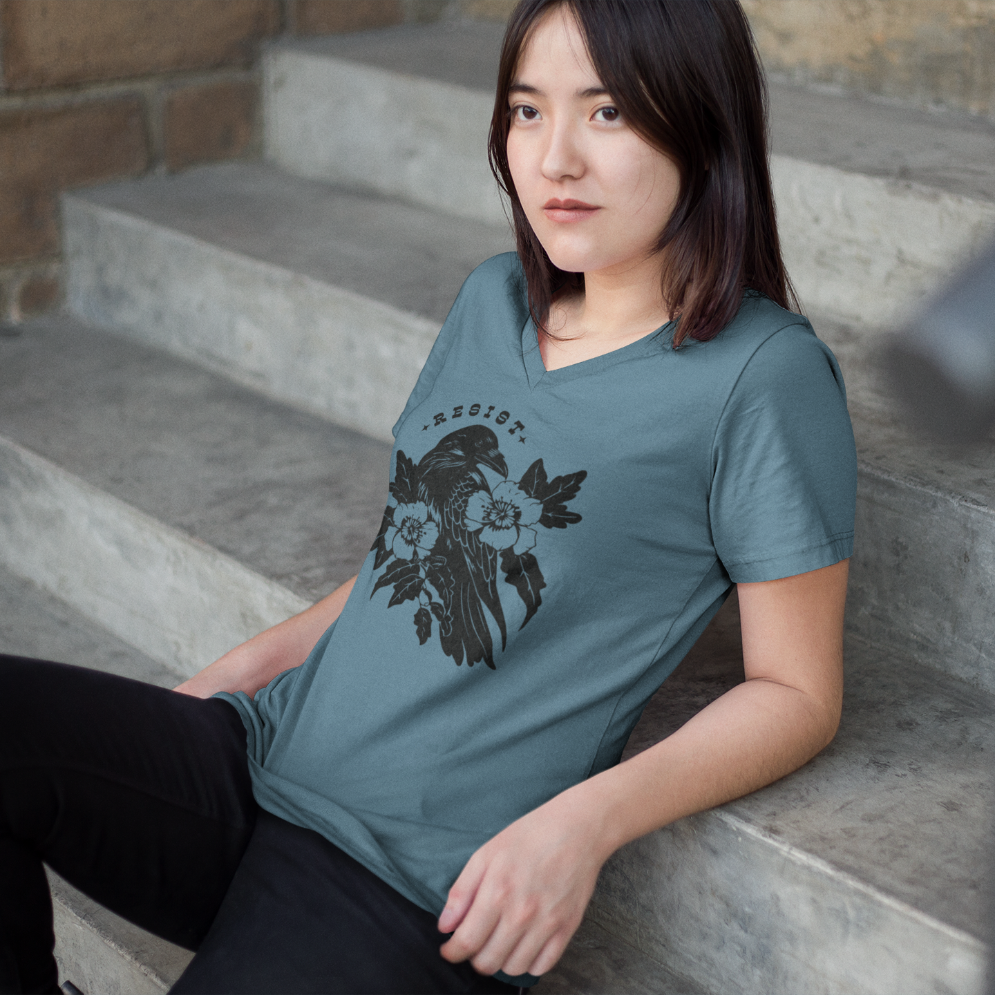 Resist Crow V-Neck T-Shirt - Rebel Girl Rampage