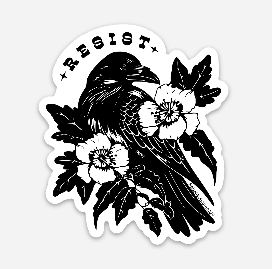 Sticker with a black raven, flowers, and the word 'RESIST' on a white background from Rebel Girl Rampage 