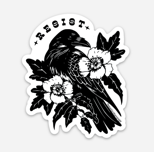 Sticker with a black raven, flowers, and the word 'RESIST' on a white background from Rebel Girl Rampage 