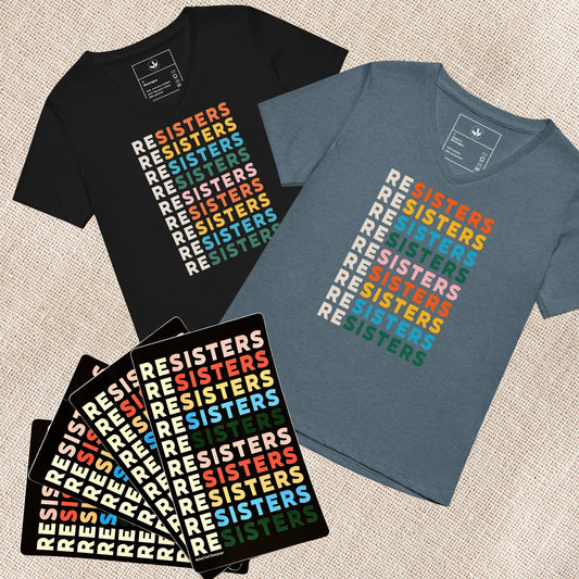 Black and blue women’s v neck t-shirts with 'RESISTERS' text in multicolor on a textured surface with 4 stickers for a feminist holiday sisterhood gift bundle, Anne Lesniak, Rebel Girl Rampage 