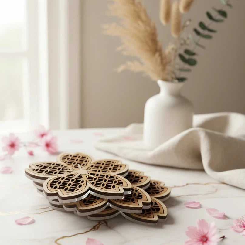 Sakura Cherry Blossom Handcrafted Wood and Acrylic Boho Coaster Set Home Accent Indoor Outdoor Decor