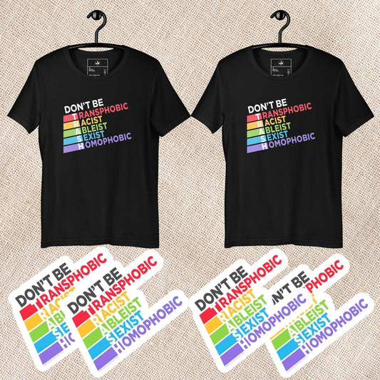 Don’t Be TRASH T-Shirt & Sticker Holiday Gift Bundle, Two Black TRASH anagram T-Shirts and 4 die cut stickers supporting the LGBTQ Community, Anne Lesniak, Rebel Girl Rampage 