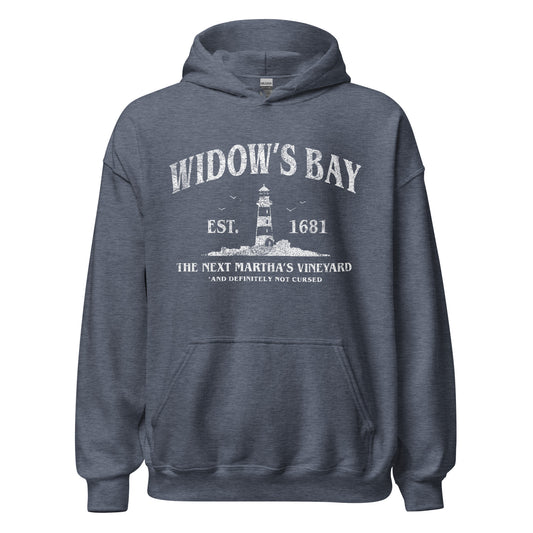 Navy Slate Blue Widow’s Bay hoodie with white text featuring a lighthouse saying “the next Martha’s Vineyard” at Rebel Girl Rampage 