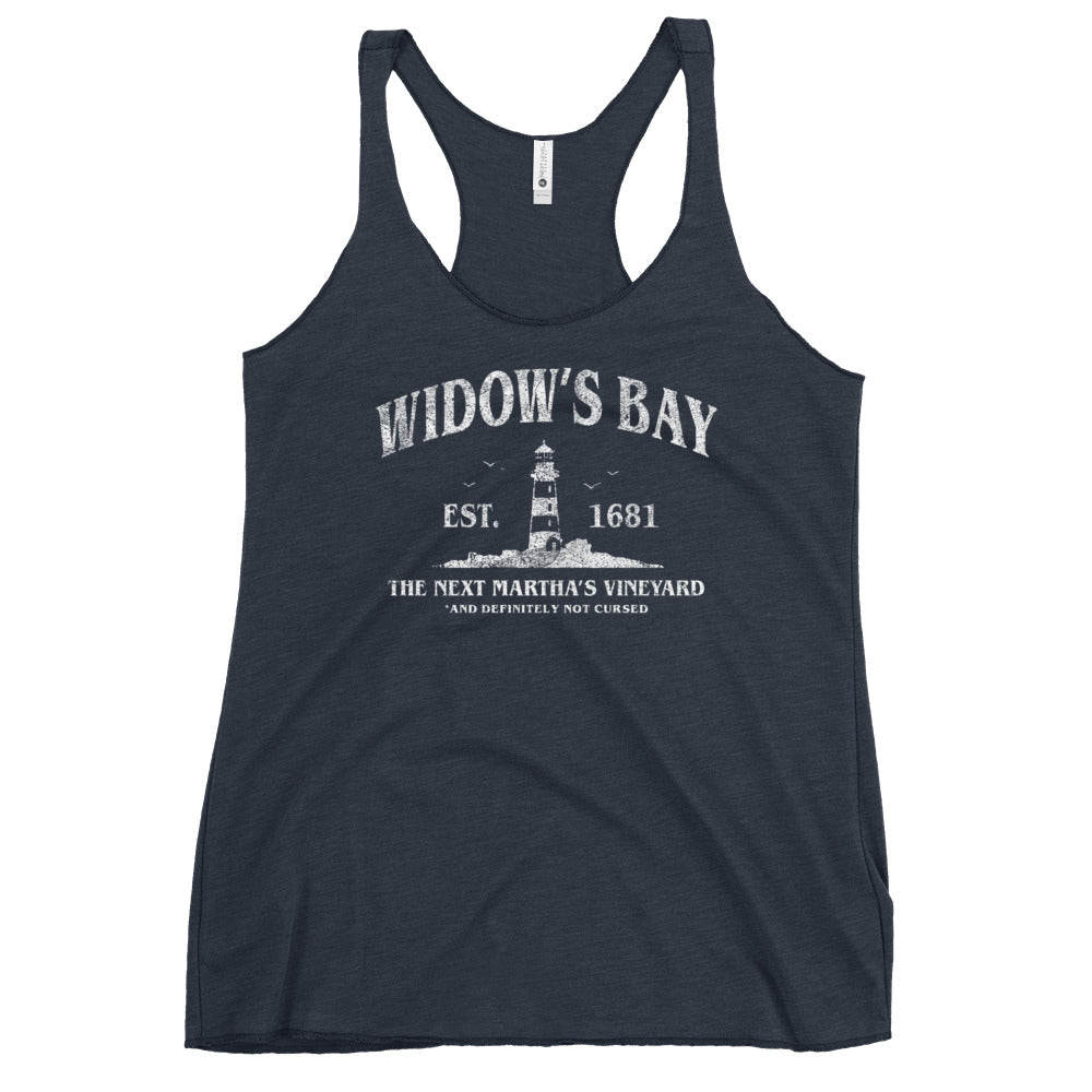 Navy Widow’s Bay Women’s Racerback  tank top with white text saying “The Next Martha’s Vineyard” featuring a lighthouse at Rebel Girl Rampage 