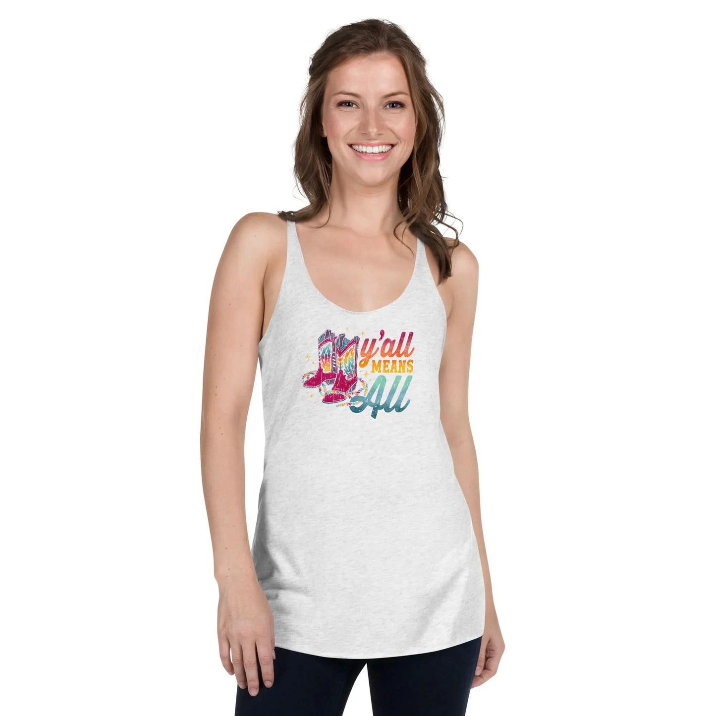 Y’all Means All Rainbow Boots Racerback Tank, inclusivity, lqbtq, pride, trans rights, womens rights, equality, Rebel Girl Rampage