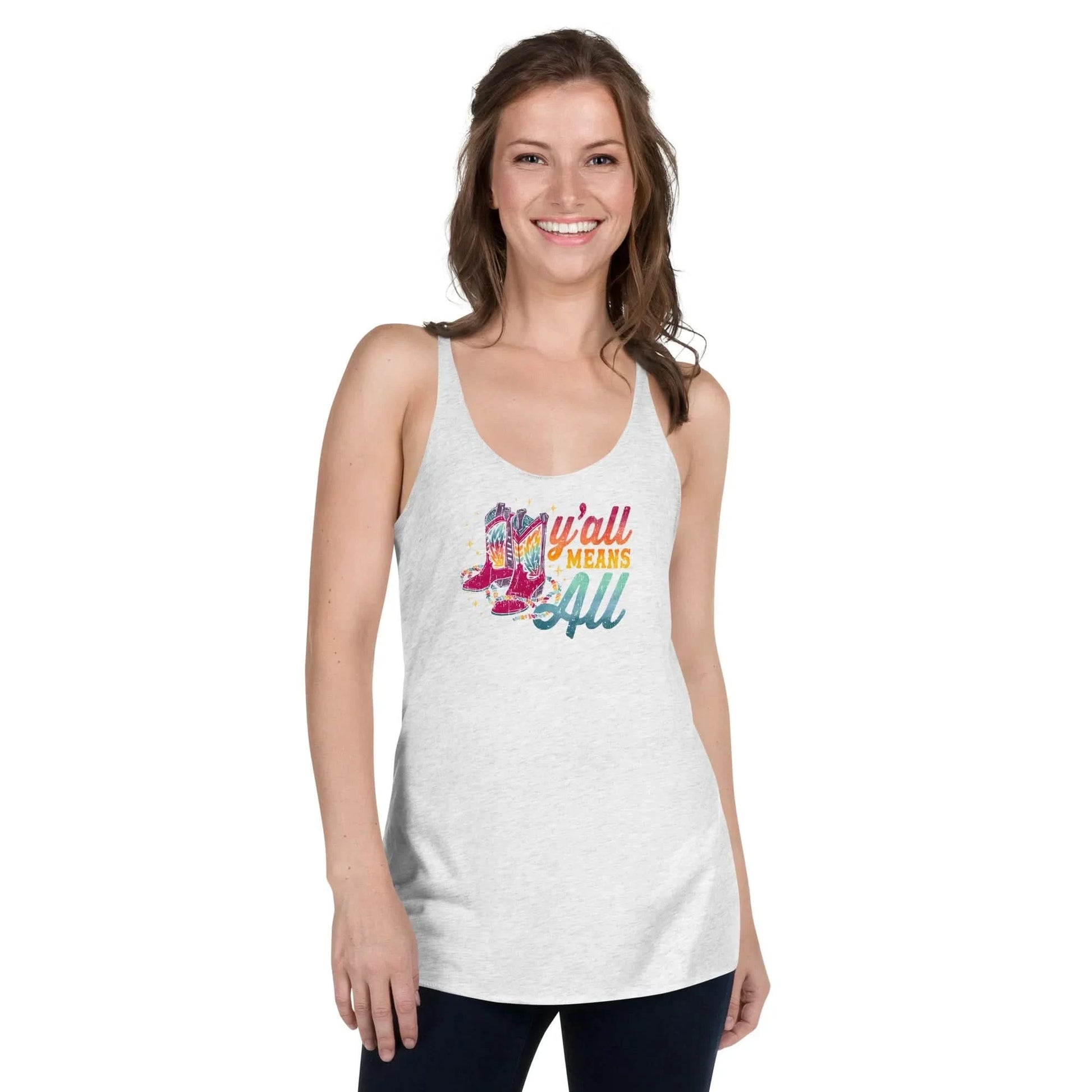 Y’all Means All Rainbow Boots Racerback Tank, inclusivity, lqbtq, pride, trans rights, womens rights, equality, Rebel Girl Rampage
