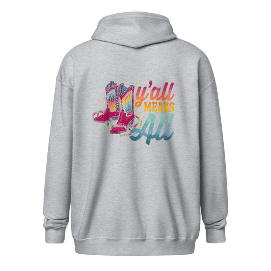Gray hoodie with colorful pride season graphic of rainbow colored cowboy boots and text on the back that says, Y’all Means All against a white background