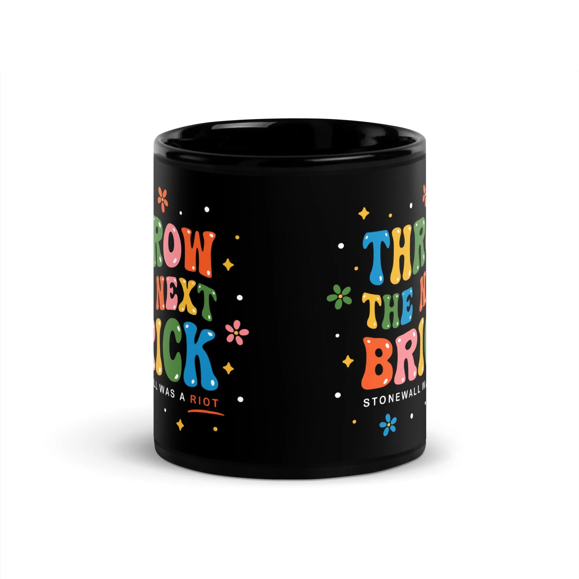 Throw The Next Brick Black Ceramic Coffee Mug, Rainbow LGBTQ, Stonewall was a riot, Pride, 60s style vintage, Flower Power, Rebel Girl Rampage