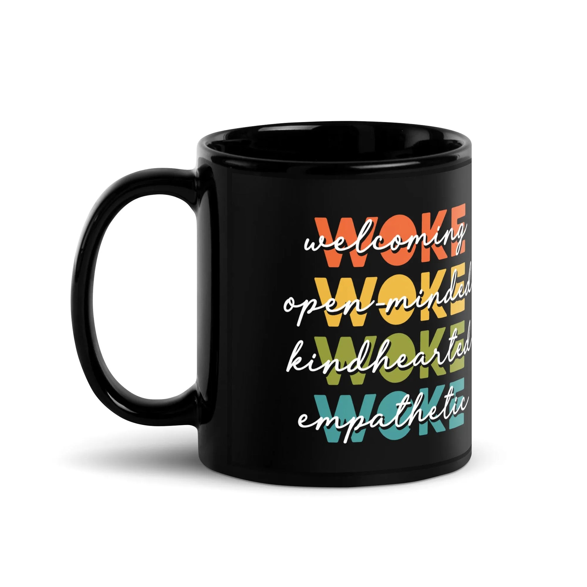 WOKE Black Ceramic Coffee Mug, LGBTQ Pride, Anne Lesniak, Inclusive, Rebel Girl Rampage 