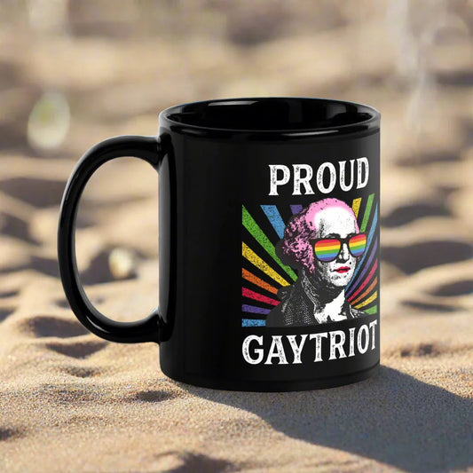 Proud Gaytriot Black Ceramic Pride Coffee Mug, George Washington in Drag, LGBTQ Rainbow, Rebel Girl Rampage 