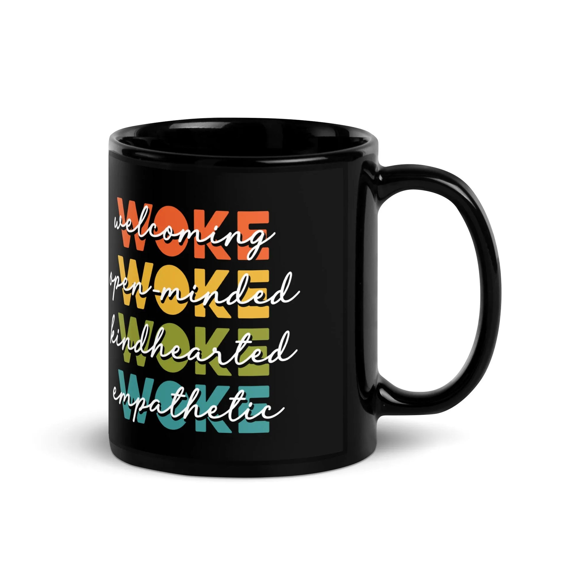 WOKE Black Ceramic Coffee Mug, LGBTQ Pride, Anne Lesniak, Inclusive, Rebel Girl Rampage 