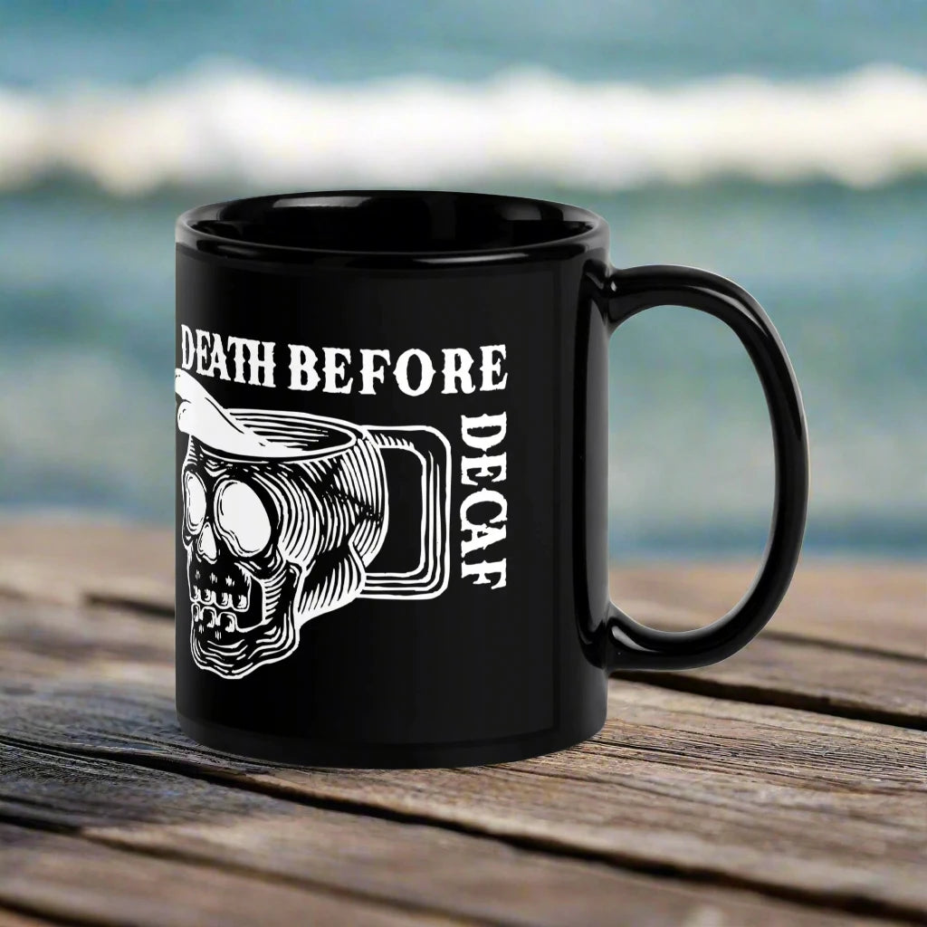 Death Before Decaf Black Ceramic Coffee Mug, gothic witchy art, Home decor, Rebel Girl Rampage 