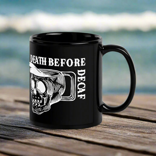 Death Before Decaf Black Ceramic Coffee Mug, gothic witchy art, Home decor, Rebel Girl Rampage 