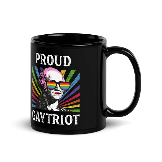 Proud Gaytriot Black Ceramic Pride Coffee Mug, George Washington in Drag, LGBTQ Rainbow, Rebel Girl Rampage 