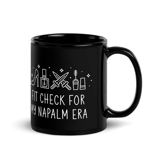Kpop Demon Hunters Fit Check for My Napalm Era graphic with makeup, heels and swords on a black glossy ceramic coffee mug, Rebel Girl Rampage