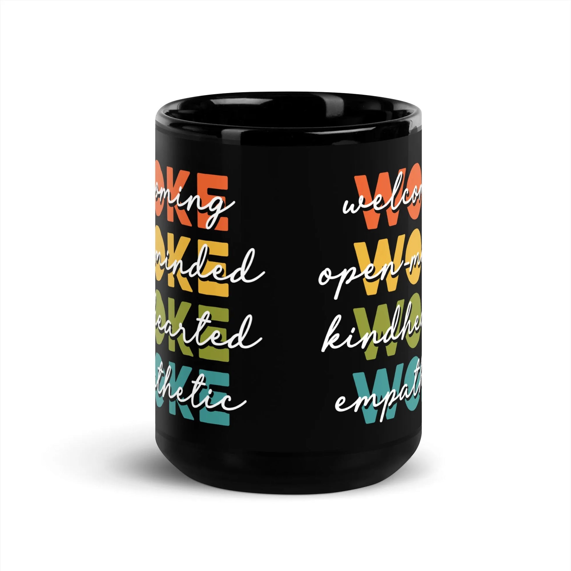 WOKE Black Ceramic Coffee Mug, LGBTQ Pride, Anne Lesniak, Inclusive, Rebel Girl Rampage 
