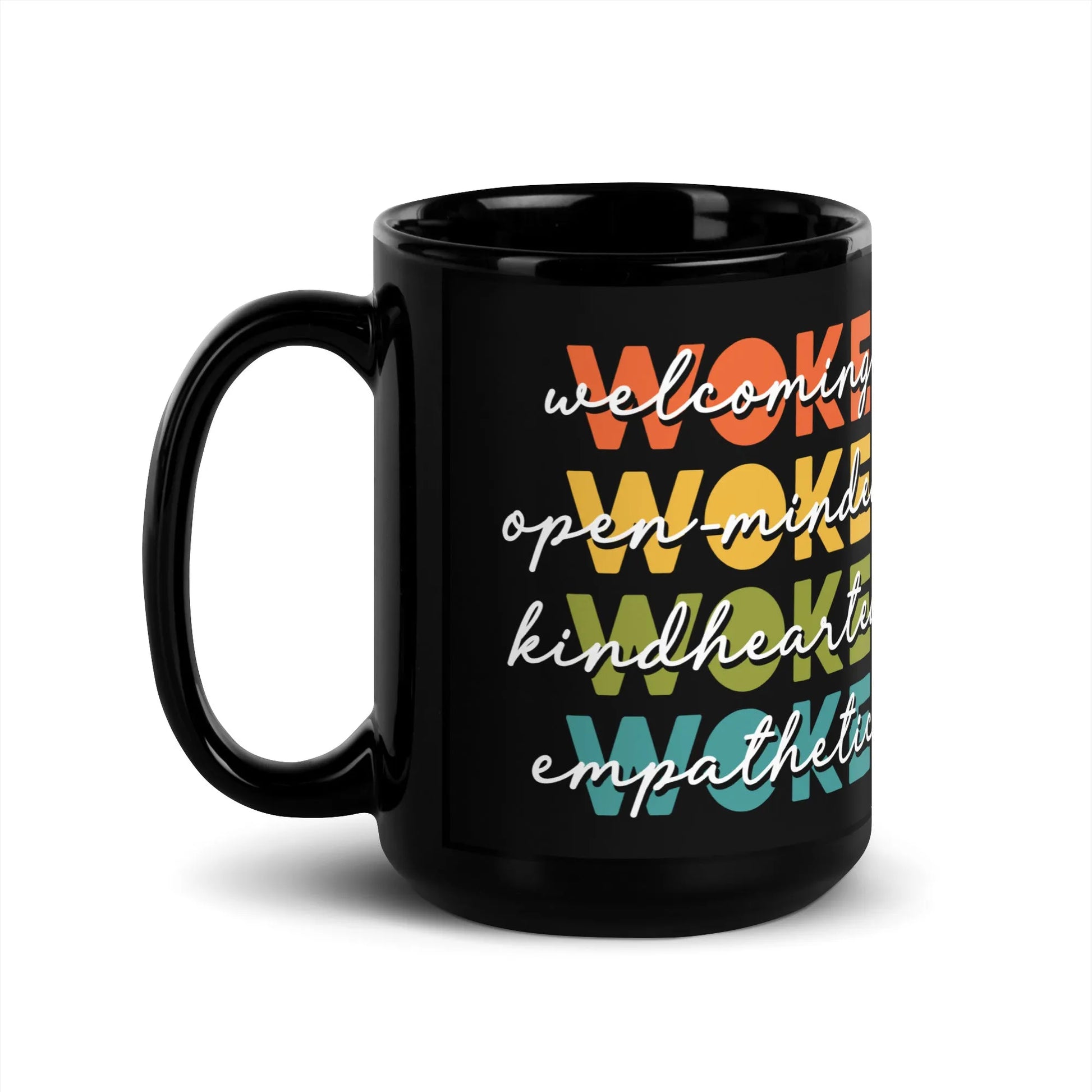 WOKE Black Ceramic Coffee Mug, LGBTQ Pride, Anne Lesniak, Inclusive, Rebel Girl Rampage 